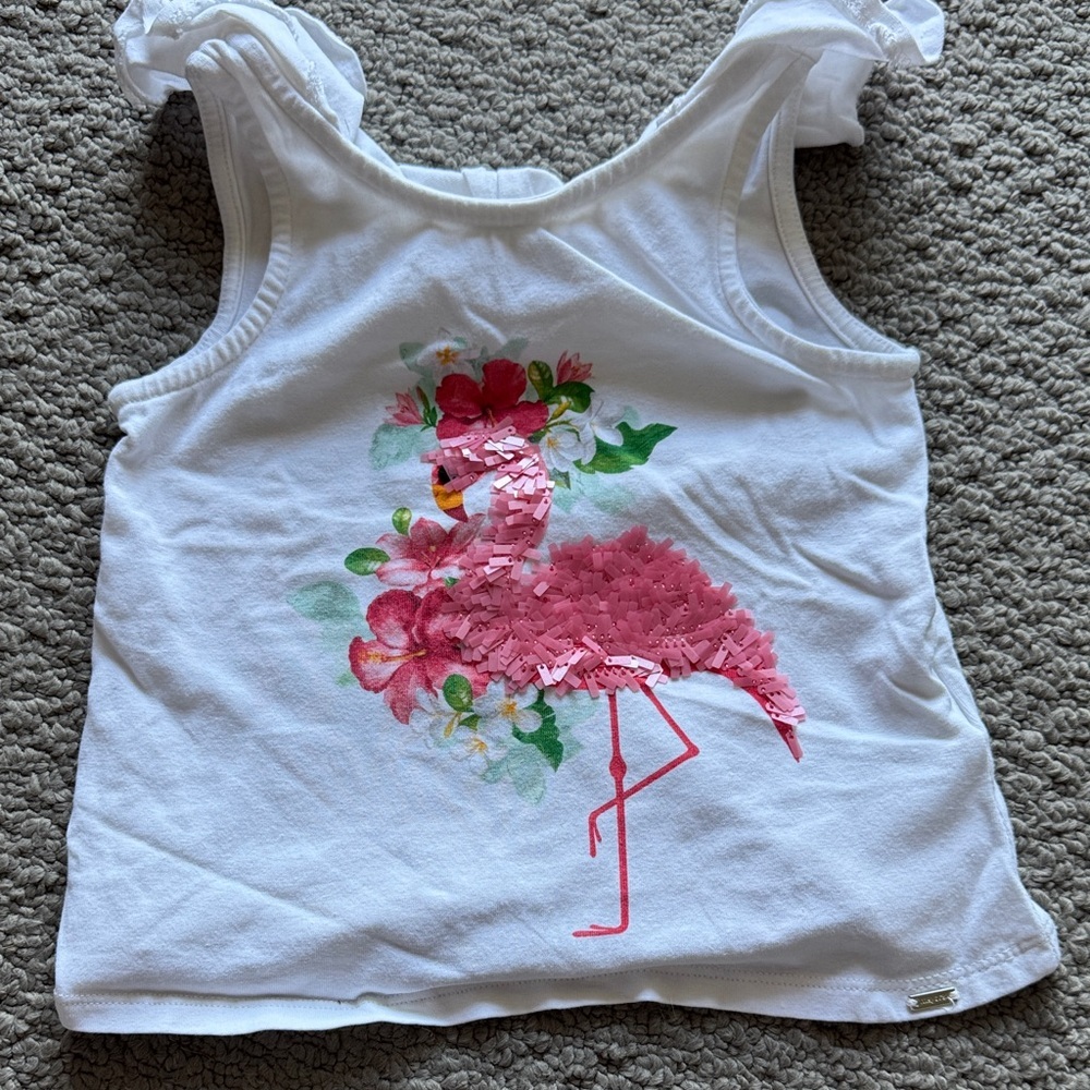 Mayoral White Tank Top with Pink Sequin Flamingo and Floral Accent
